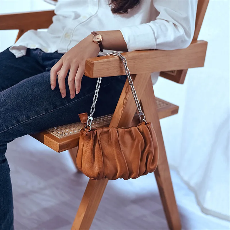 Fashion vintage designer handmade luxury genuine leather women's shoulder bag outdoor daily party cow leather chain underarm bag