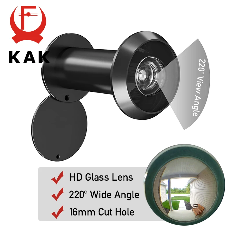 KAK Door Viewer Peephole 220 Degree Wide Angle HD Glass Lens 16mm Cut Hole with Anti Peeping Reverse Privacy Covers Hardware