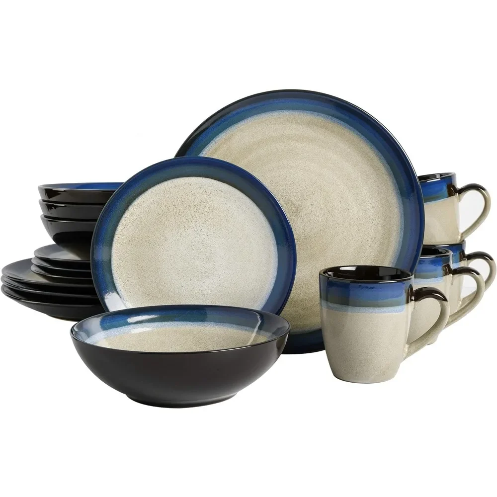 Ceramic Dishes to Eat Service for Four (16pcs) Dish Blue and Cream Tableware Set of Plates Dinner Sets Food Plate Kitchen Luxury