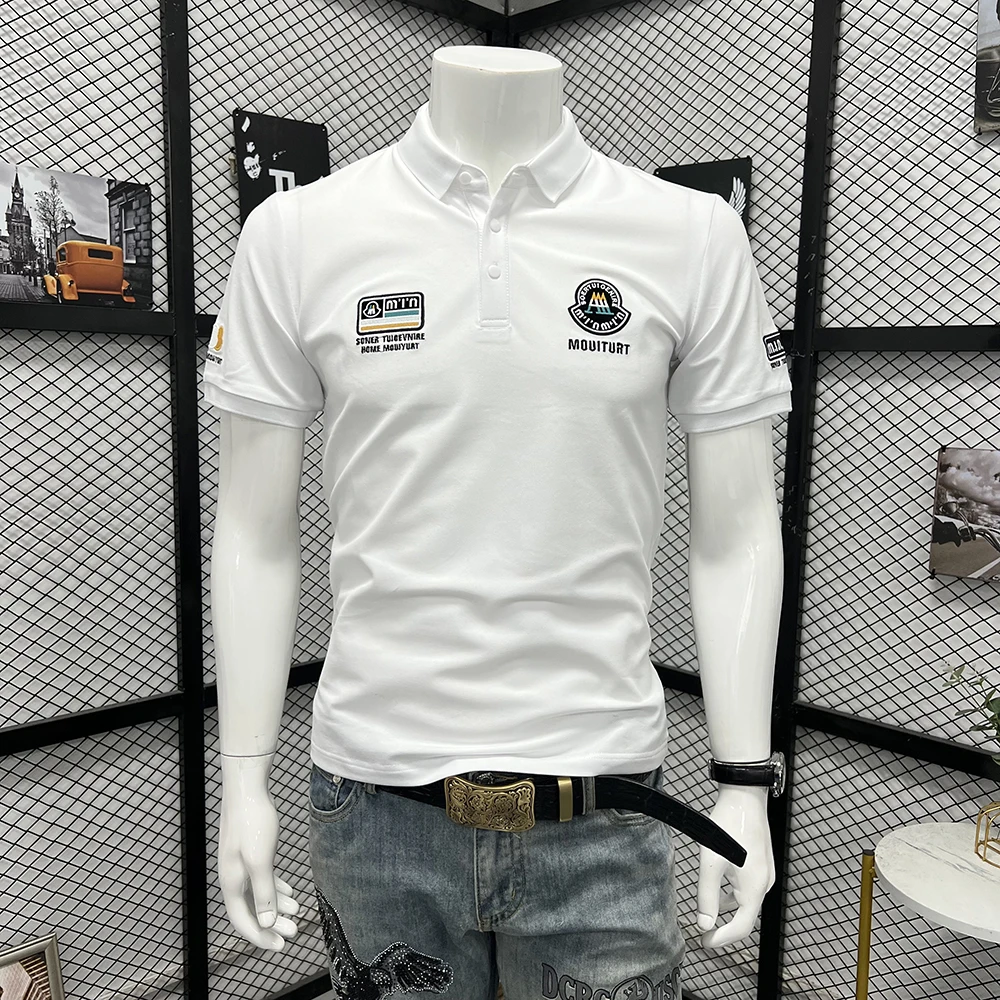 

Мужская рубашка-поло с лацканами, роскошный вдохновленный дизайн, мужская футболка высокого качества, летняя новая вышитая значок, модные облегающие хлопковые топы