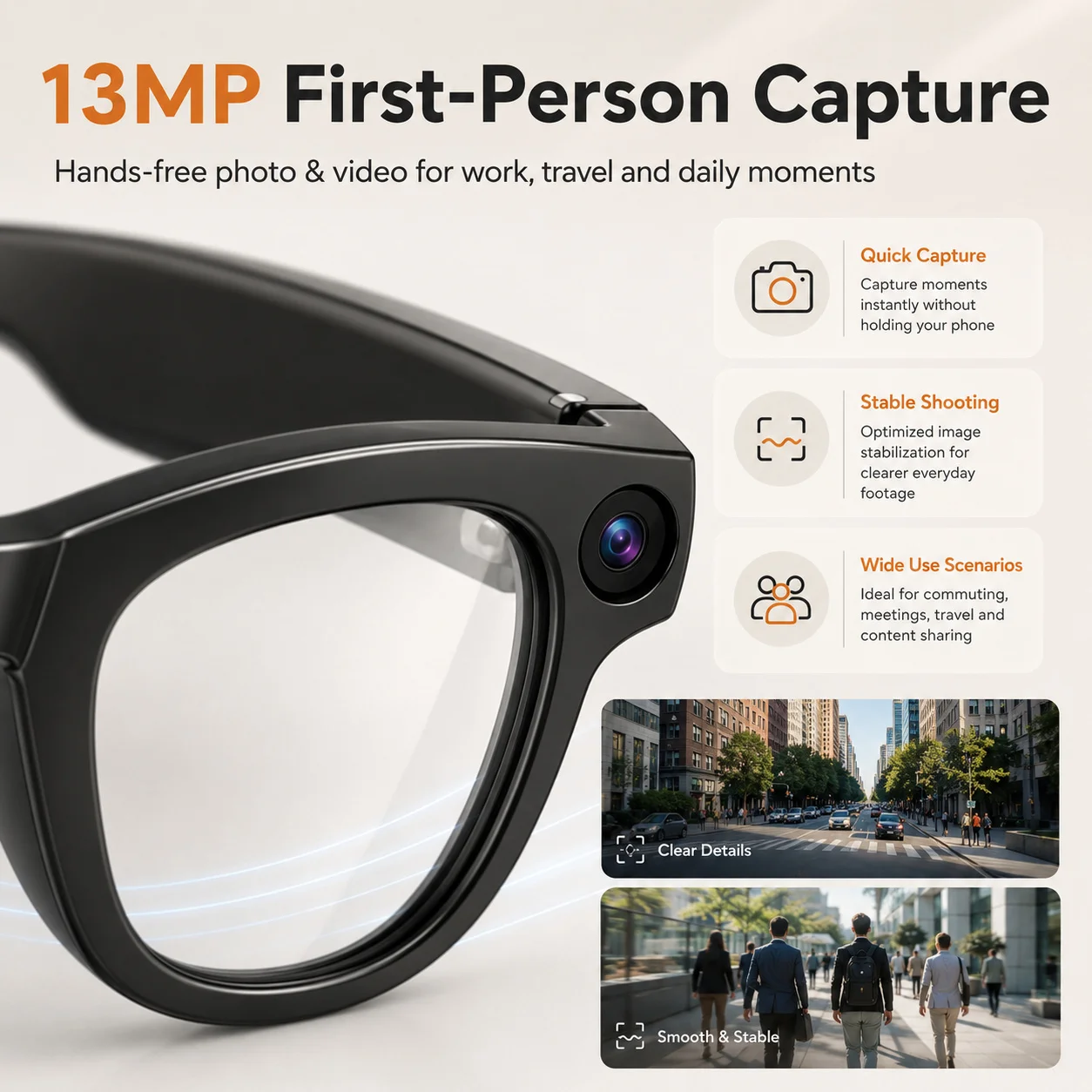 2026 AI Smart Glasses 13MP POV Camera Real-Time Translation Live Streaming Voice Assistant Open-Ear Audio for Office and Travel