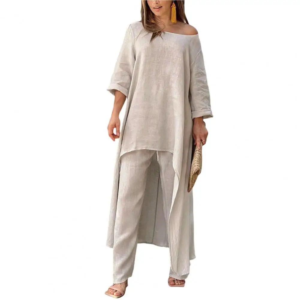 T-shirt et pantalon à jambes larges pour femme, tenue à ourlet irrégulier, chemisier FJSolid Document, haut long, ensemble 2 pièces, 2023