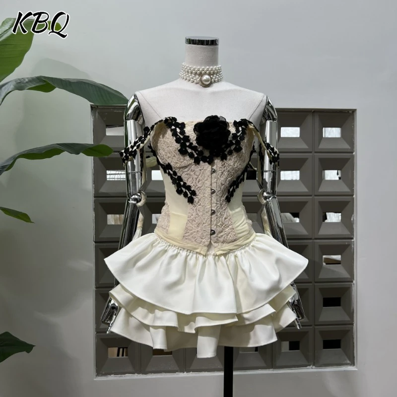 

KBQ Elegant Slimming Two Piece Sets For Women Strapless Backless Spliced Lace Vest High Waist Short Skirt Temperament Set Female