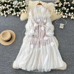 Solid Flower Embroidery Lace Up Dresses For Women Round Neck High Waist Long Sleeve Elegant Dress Summer 2024 Autumn Clothes