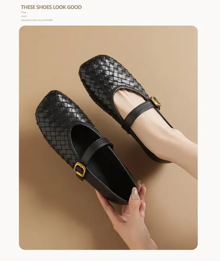 

Women’s Genuine Leather Cowhide Woven Mary Jane Flats Vintage British Style Fashion Versatile Shoes