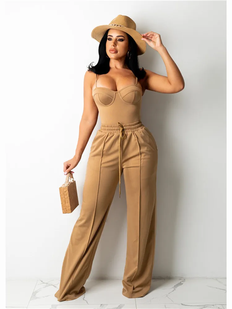 Conjunto de ropa de trabajo informal Sexy para mujer, Tops cortos sin mangas, pantalones de pierna ancha de cintura alta, traje de oficina, trajes de fiesta y Club, 2 piezas