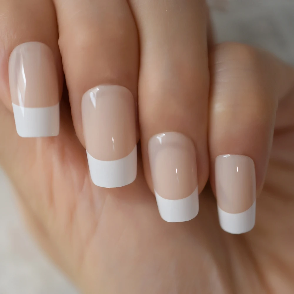 White French Natural Nude False Nails Manicure Square Press on Fake Nails Tips Daily Office Finger Wear with Jelly Sticker Tabs