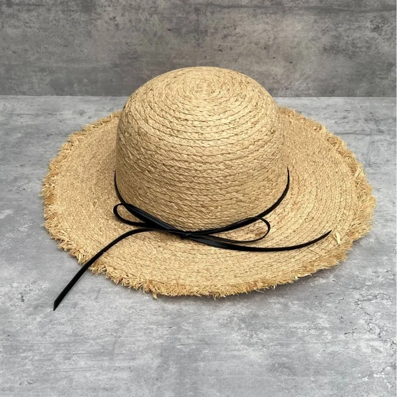 Women's Summer Raffia Woven Wide Brim Raw Edge Beach Sun Protection Hat