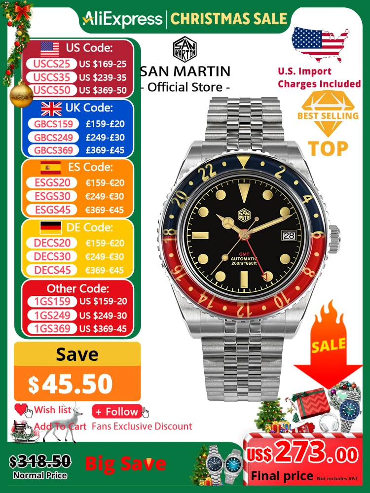 San Martin NH34 40mm GMT Luxury Sports Style Full Luminous Bidirectional Sapphire Bezel Automatic Mechanical Watch 20 Bar SN0005