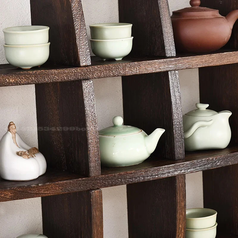 Japanese Style Hang The Wall Tea Pot Holder Antique-and-curio Exhibition Shelves Simple Retro Solid Wood Tea Pot Tray