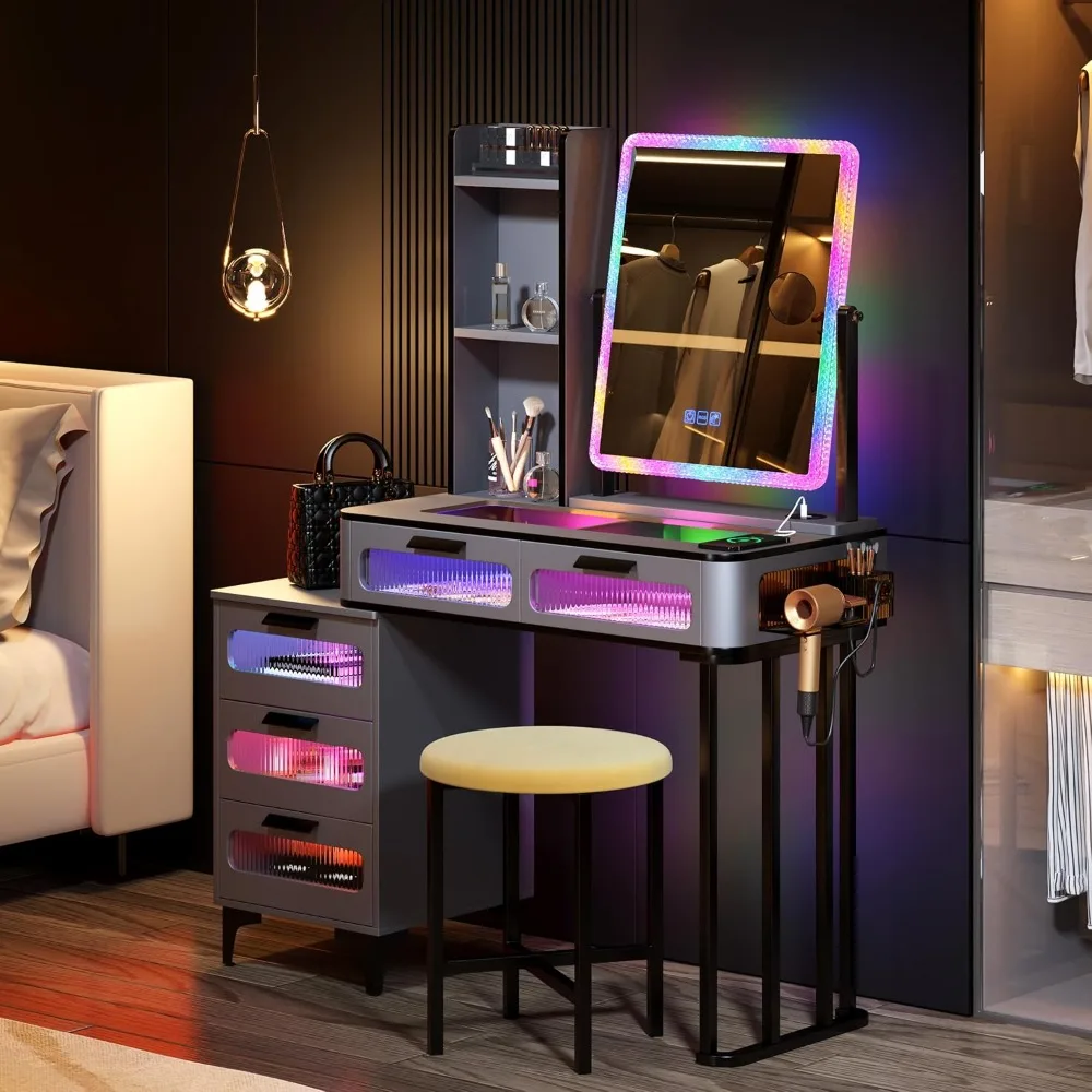 

Dressing Table with Mirror and Light, Gorgeous Glass Top Vanity with Hidden and Open Storage Shelves, 5 Drawers