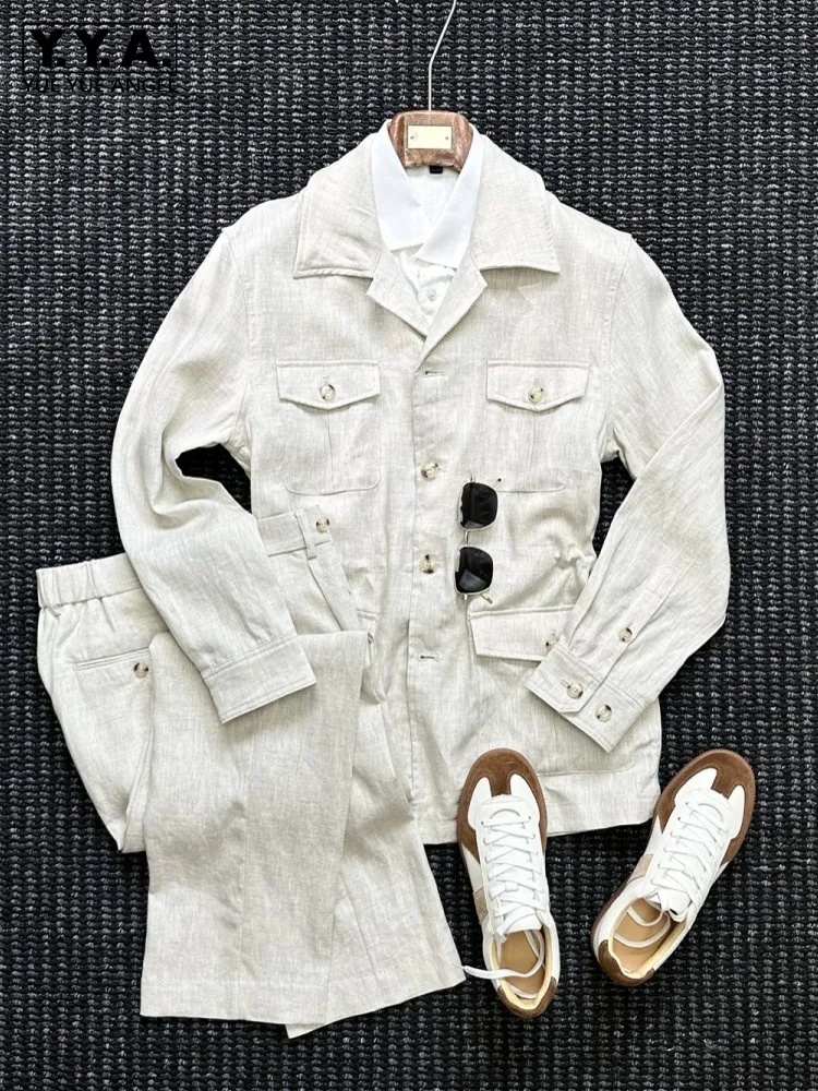 High Quality Mens Business Work 100% Linen Suit Set Single Breasted Multi Pockets Blazer Coat Pants Two Piece Set Slim Fit Suits