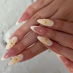24Pcs Peach Blossom Fake Nails Press on Almond False Nails Removable Full Cover Nail Tips Wearable Finished Fingernails Nail Art