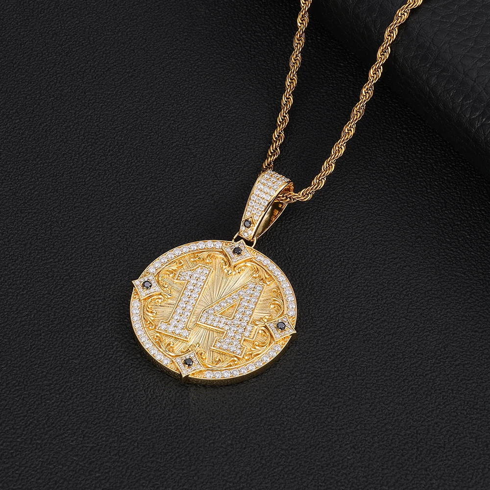 Custom Number 14 Round Pendant Necklace 925 Silver Moissanite Iced Out Medallion Hip Hop Men Jewelry Rope Chain Necklace Gift