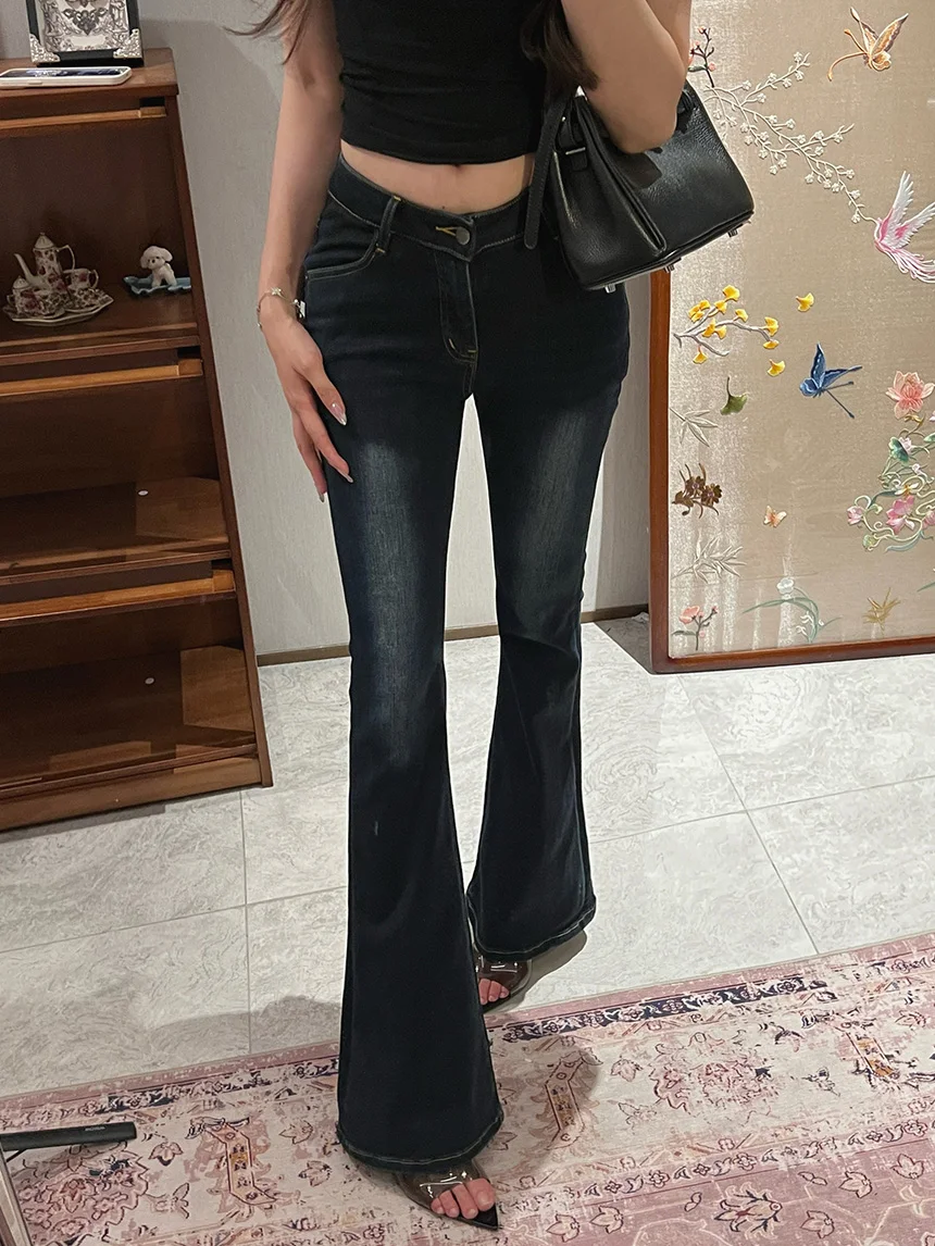 

American Retro High Waist Blue ey Denim Jeans Women's Slimming Fat Hips Pants Micro Flared Long Trousers Casual Cotton St...