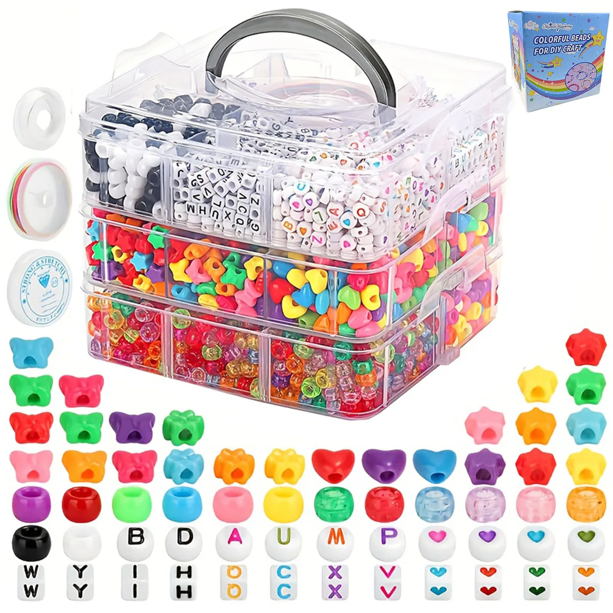 

3-Layer DIY Bead Kit - Colorful Plastic Pony Beads + Acrylic Letter Beads + Star/Shaped Beads for Bracelet Jewelry Making Craft