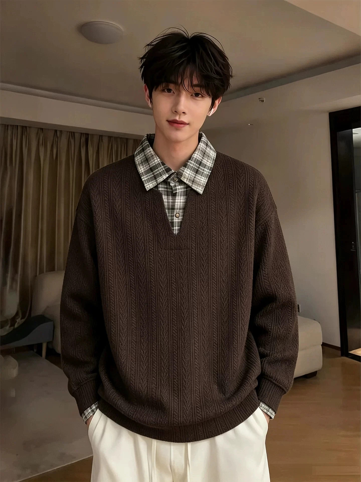 Men's Long Sleeve  Sweatshirt Autumnal American Retro Wheat Pattern Patchwork Design Casual Style Regular Fit Youth Fashion