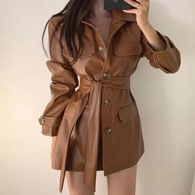 Korean Chic Spring Autumn Retro Handsome Dark Brown Pu Leather Jacket Lace-up Medium Long Locomotive Leather Jacket Jacket women