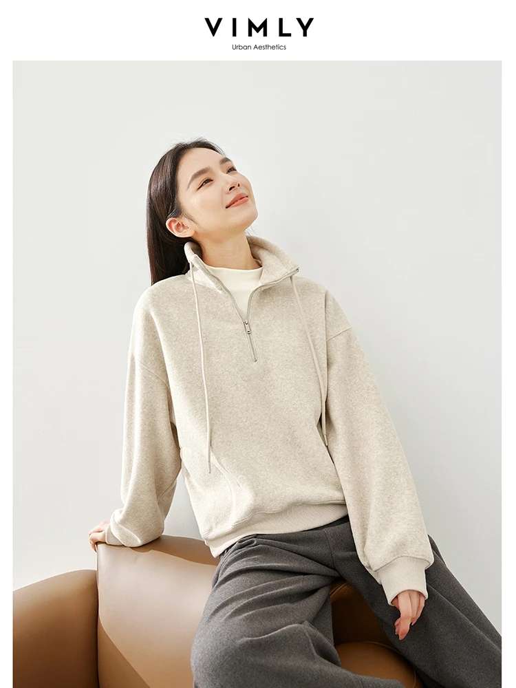 Vimly 2023 Winter Women Sweatshirts Fleece Thick Half Zipper Stand Collar Pullovers Casual Long Drop Sleeve Top Clothing M5782