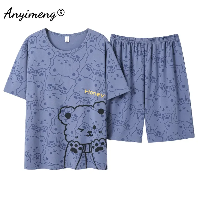 New Summer Fashion Couple Round Collar Pajamas Set Kawaii Bear Printing Sleepwear for Young Lovers Homesuit Couple's Loungewear