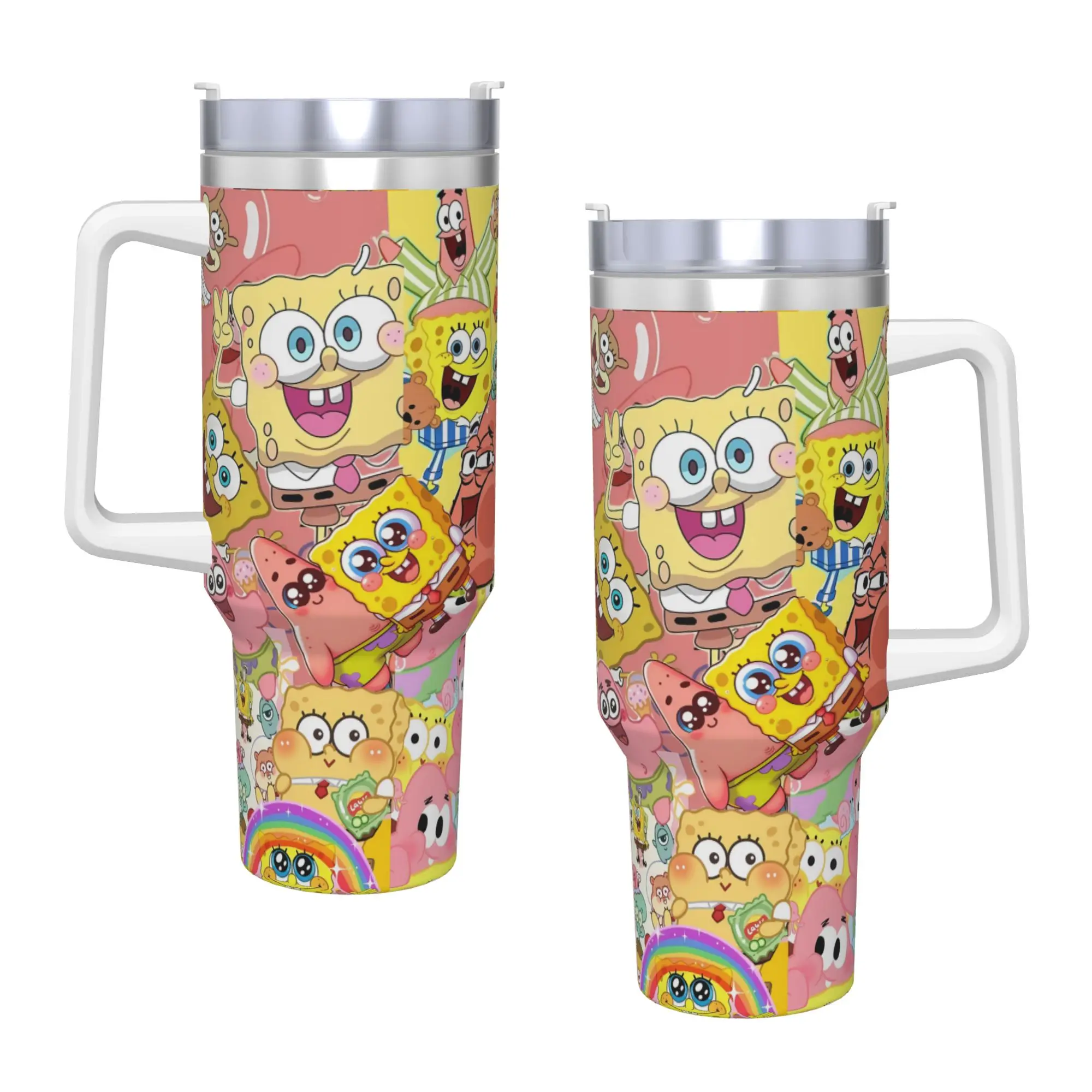 SpongeBobs Pink Tone Cute Group Collage Tumbler Cold Water Bottle Insulated Stainless Steel Coffee Mug Graphic Travel Car Mugs