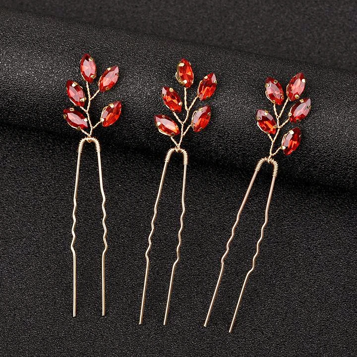 Red Rhinestone Designs U Shaped Wedding Hair Sticks Forks Hairpins Side Clips for Bride Hair Accessories Noiva Jewelry