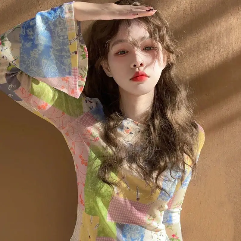 

Sunscreen Printed Blouse Summer Mesh Thin Horn Sleeves New Design Slim Tie-dye Fashion Trend T-shirt Women