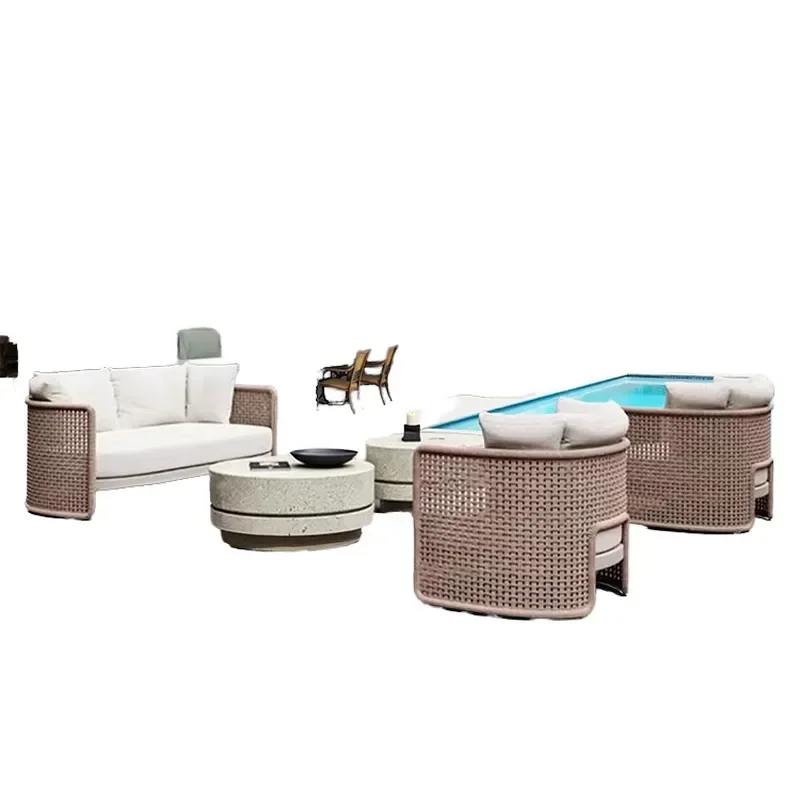 Vintage Woven Aluminum Sofa Set Outdoor Waterproof Sun Resistant Patio Furniture for Balcony Courtyard Villa Garden Homestay