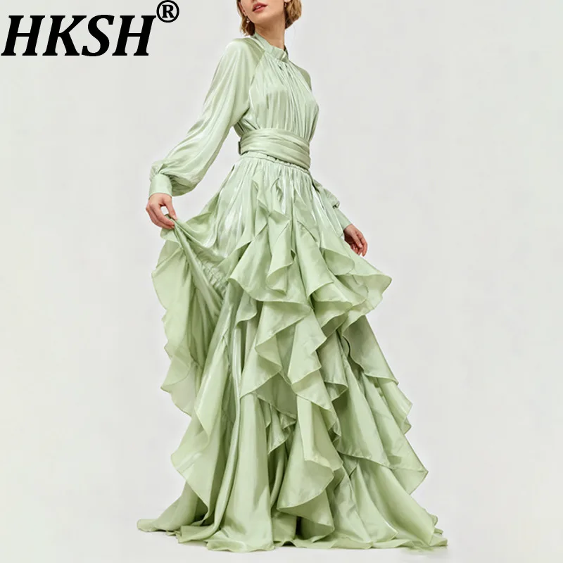 

HKSH Autumn Winter New Women Gown Dress Ruffled Long Sleeves Waist Cinching Slimming Elegant Trendy Floor-length Dresses HK17648