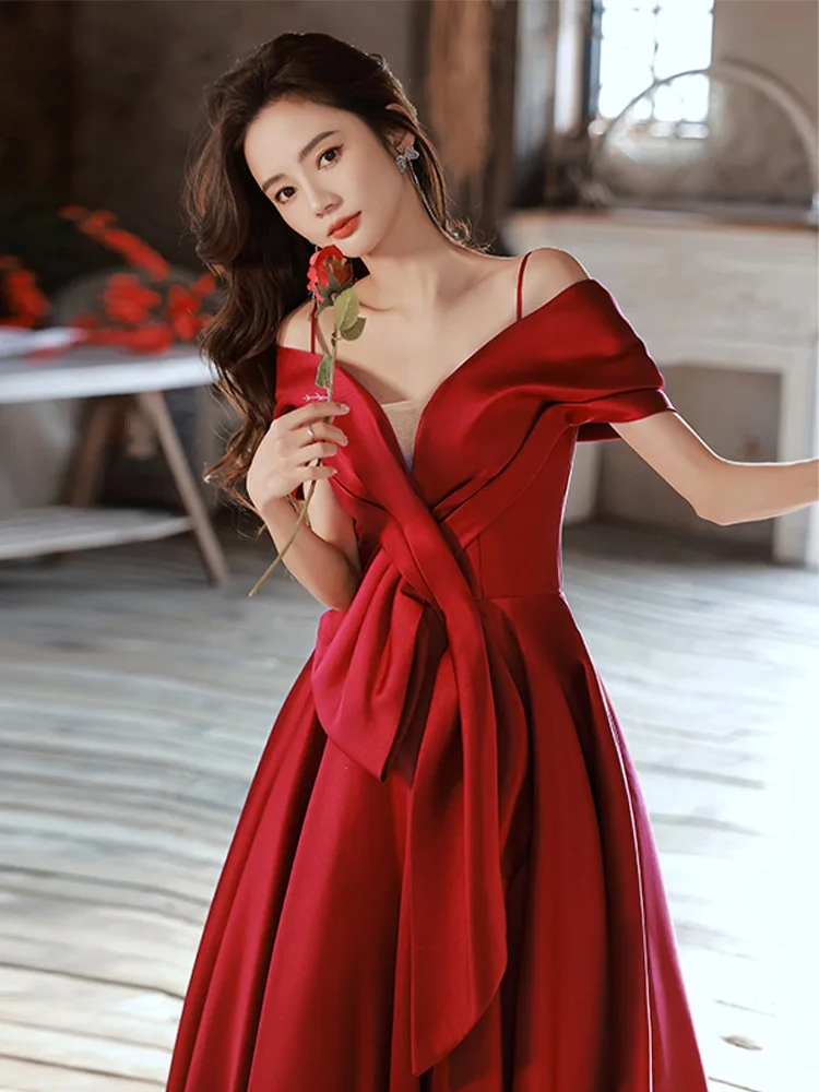 Robe de soirée en satin bordeaux, bretelles spaghetti, tenue de soirée pour femmes