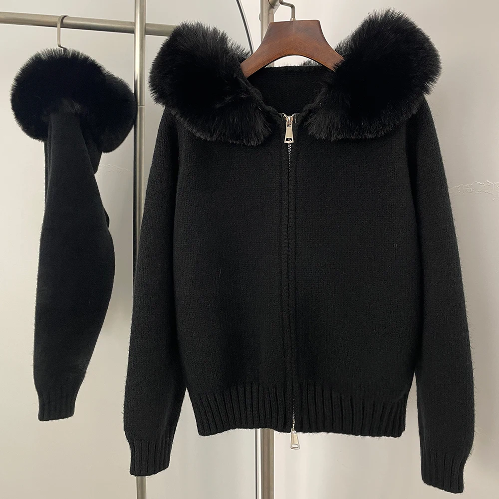 Hooded Oversized Cardigan Women Winter Faux Fur Sweater Female Solid Fake Fur Kintted Coat Fashion Loose Artificial Fur Knitwear