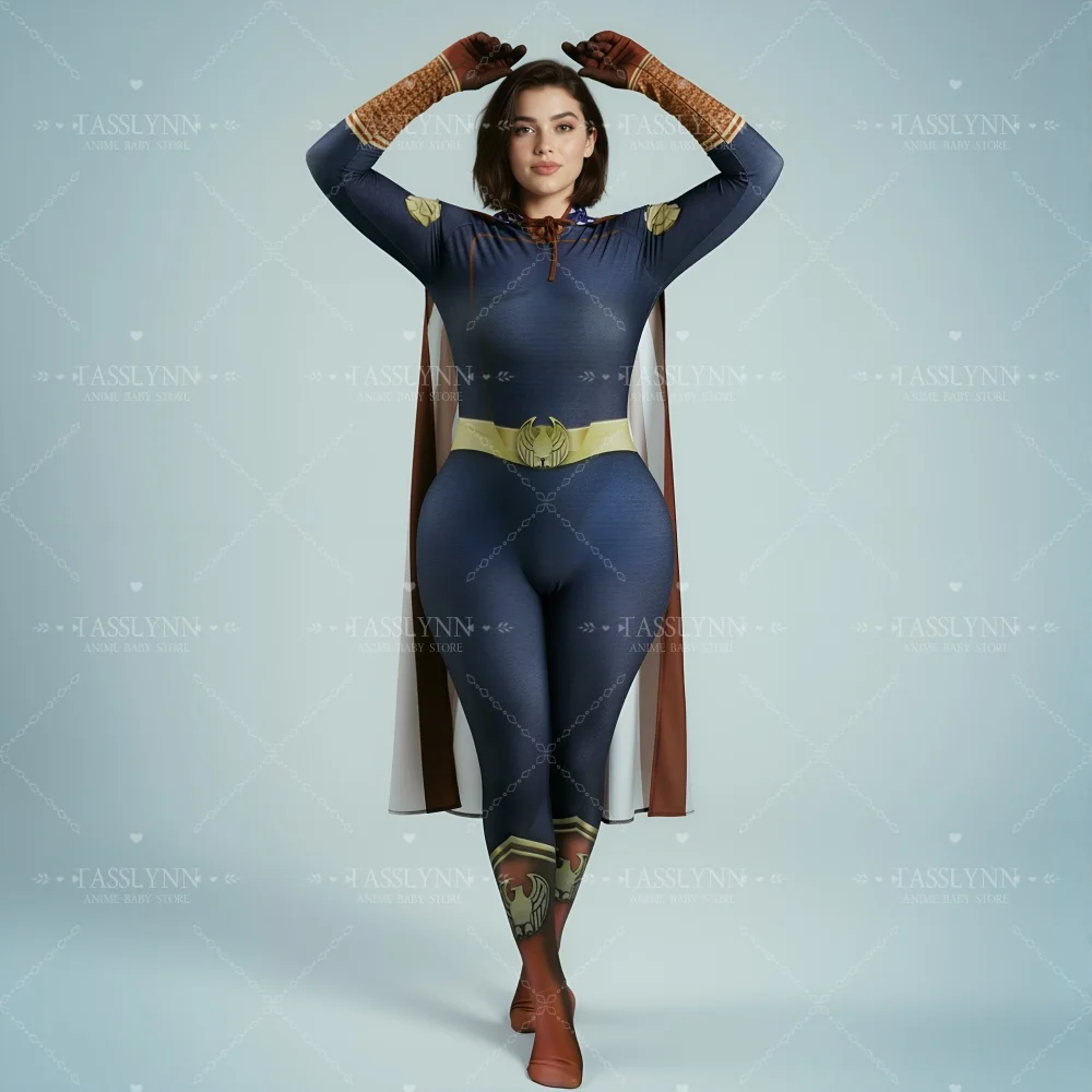 Damen Homelander Cosplay-Outfit Marineblauer Superhelden-Taktikanzug mit Umhang, Halloween-Rollenspiel-Kostüm für Erwachsene Frauen