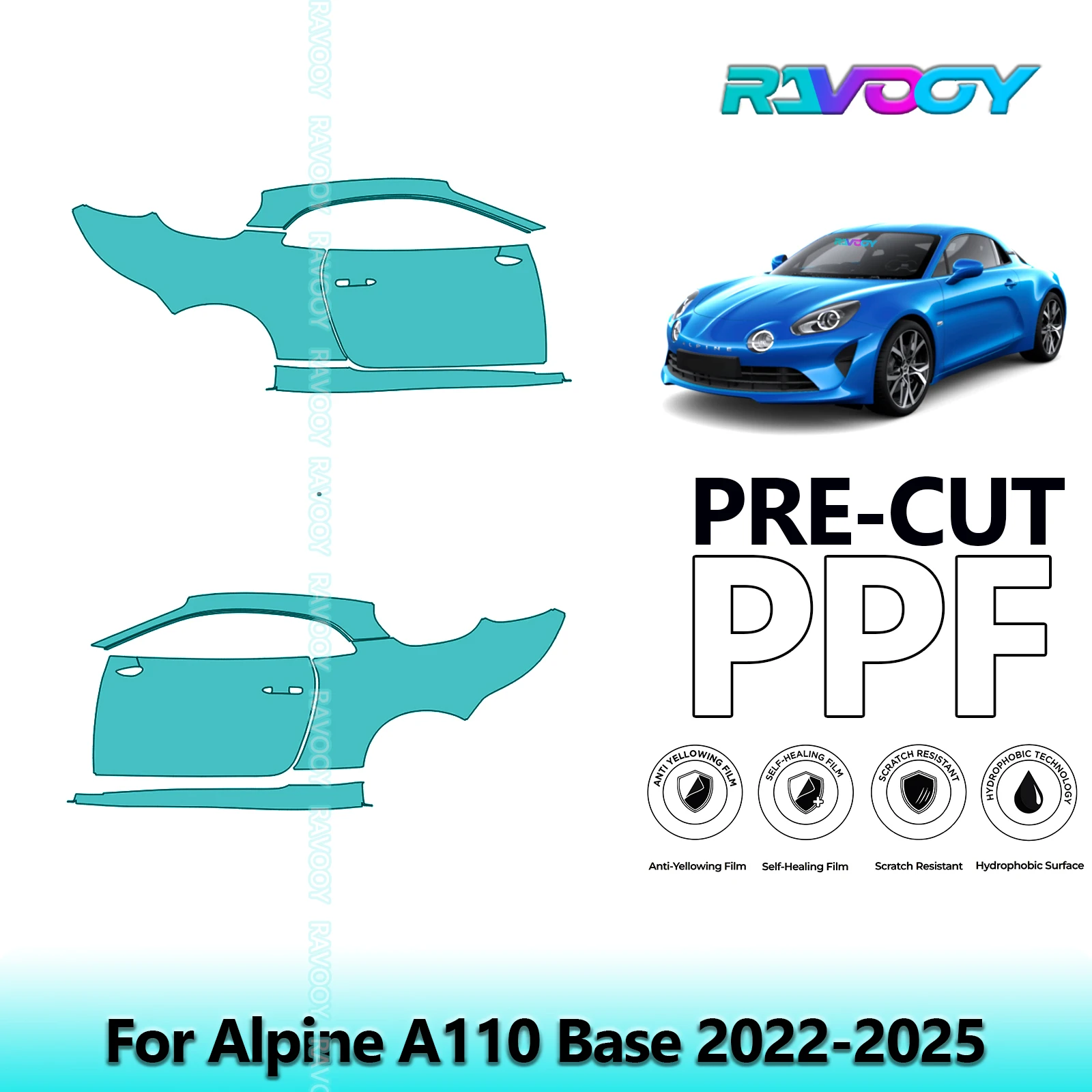 

For Alpine A110 Base 2022-2025 8.5mil Clear Matte Pre-Cut PPF Door & A/B Pillar Kit TPU Paint Protection Film Set