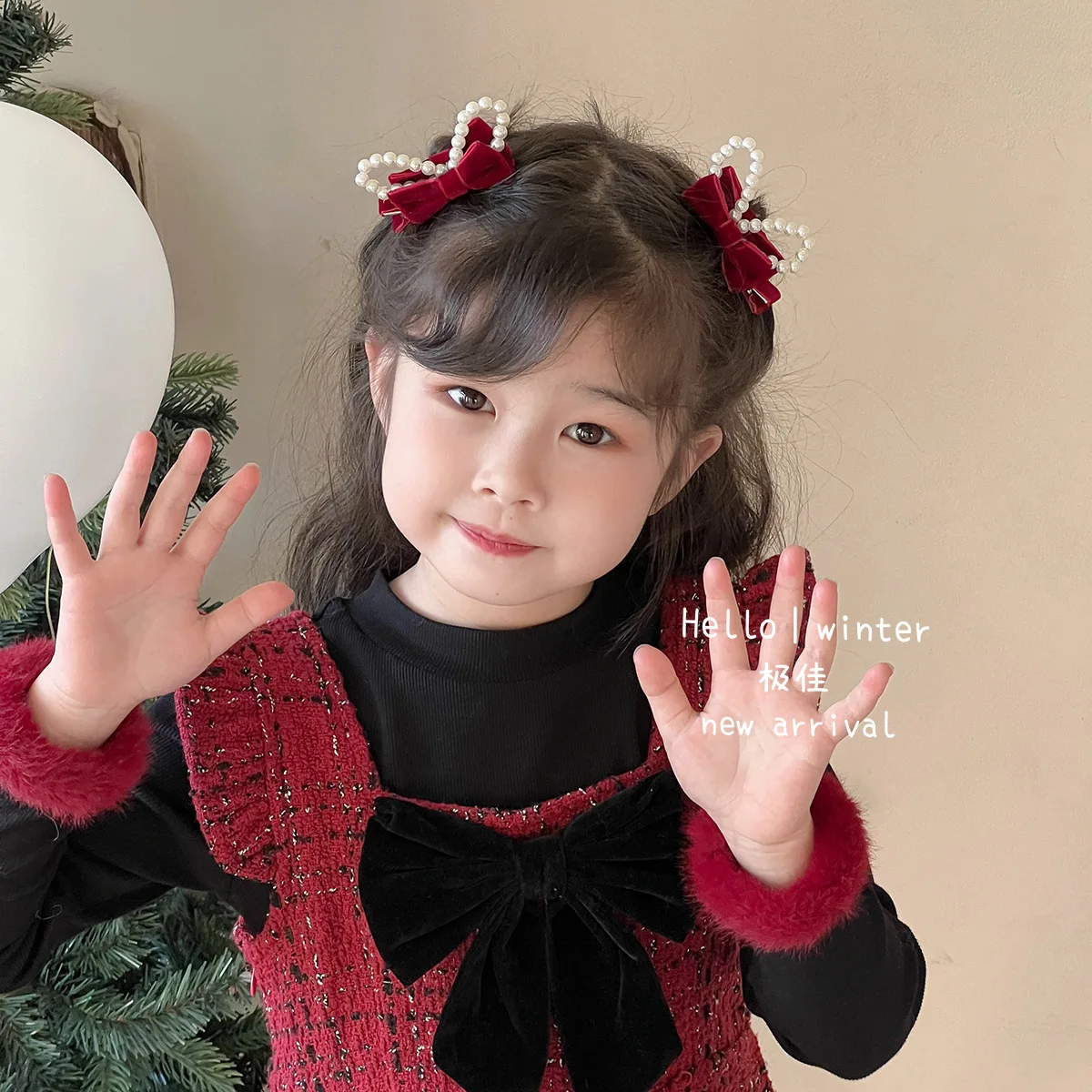 Hair Clip Plush Pom Bow Pearl Top Clip Sweet Elegant Ribbon Kids Girls Festive New Year Headwear Lightweight Daily
