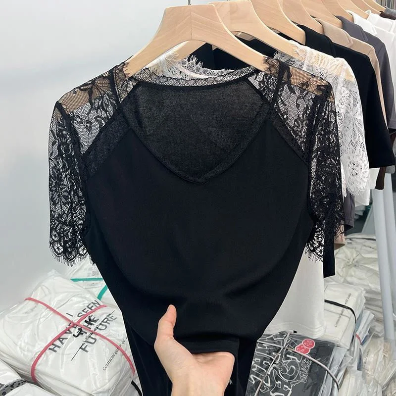 

plus Size 300 Pounds Women's T-Shirt Lace Trim Splice Hollow out Short Sleeve American Style Anti-Aging Pure Desire Flower Pa...