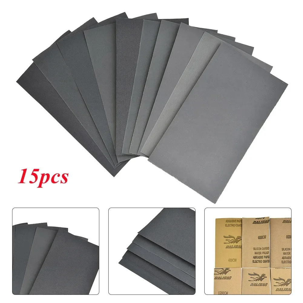 15pc Wet Dry Sandpaper Car Sand Paper Sheets 400-2500 Grit Automotive Sandpaper For Car Wood Plastic Sanding Maintenance Tools