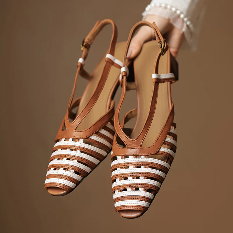 Модные плетеные полые сандалии на высоком каблуке, женские разноцветные римские сандалии с ремешком на щиколотке и пряжкой, элегантные туфли на высоком каблуке с котенком