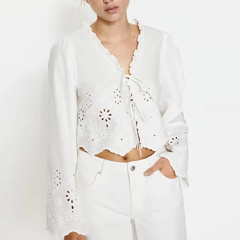 Spring New Sle Women's irt Wooden Ear V-ne  Knot Belted Open Front Long Sve ort Coat Z Polyester Fiber