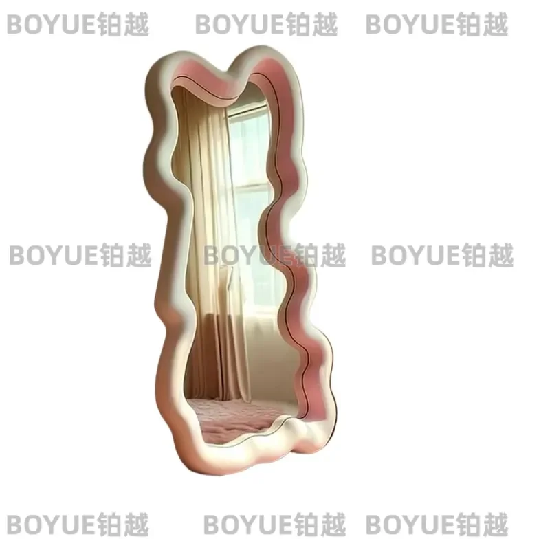 Cloud Shaped Solid Wood Floor Mirror Wavy Full Length Standing Makeup Mirror for Bedroom Entryway Home Decor Modern Aesthetic