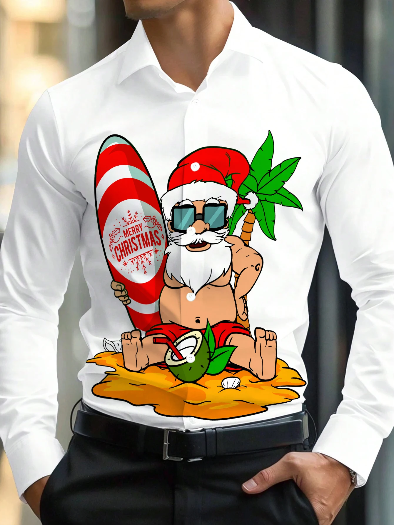 

Мужская гавайская рубашка для пляжной вечеринки, серфинга, Санта-Клауса, воротник с длинными рукавами, доска для серфинга, пальма с принтом, праздничная новинка, одежда