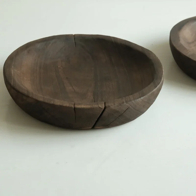 Round wooden fruit basin, natural crack, wabi sabi art dried fruit plate, solid wood Chinese style homestay hotel model room