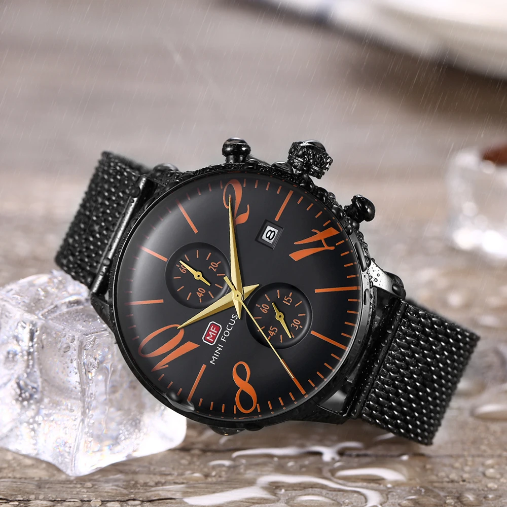 MINI FOCUS Chronograph Waterproof Watches for Men Fashion Date Display Business Quartz Watch Mesh Stainless Steel Strap 0135G