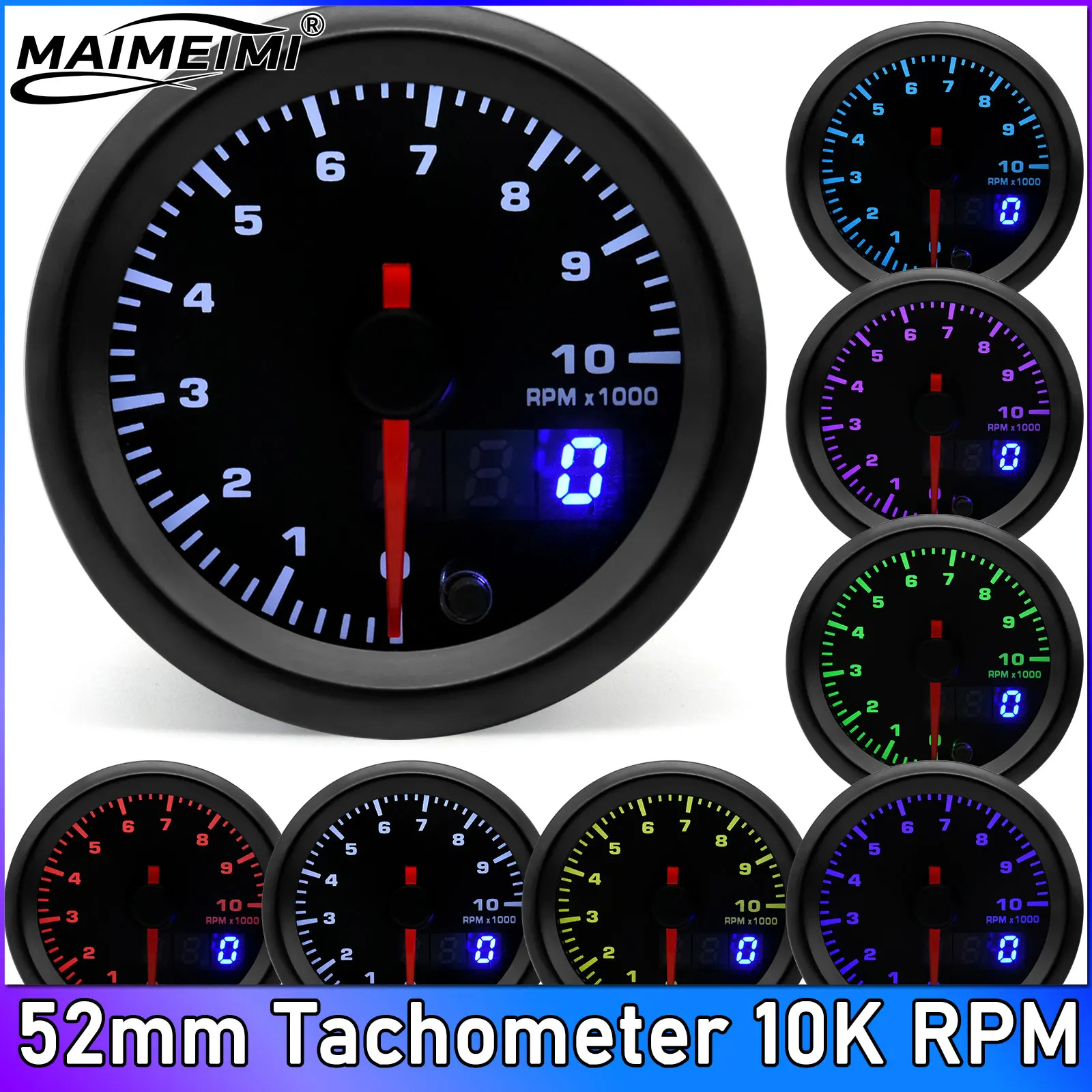 

2inch 52mm Car Tachometer 0-10000 RPM Gauge 7 Colors Pointer RPM Meter Dual Display With Stepper Motor customized