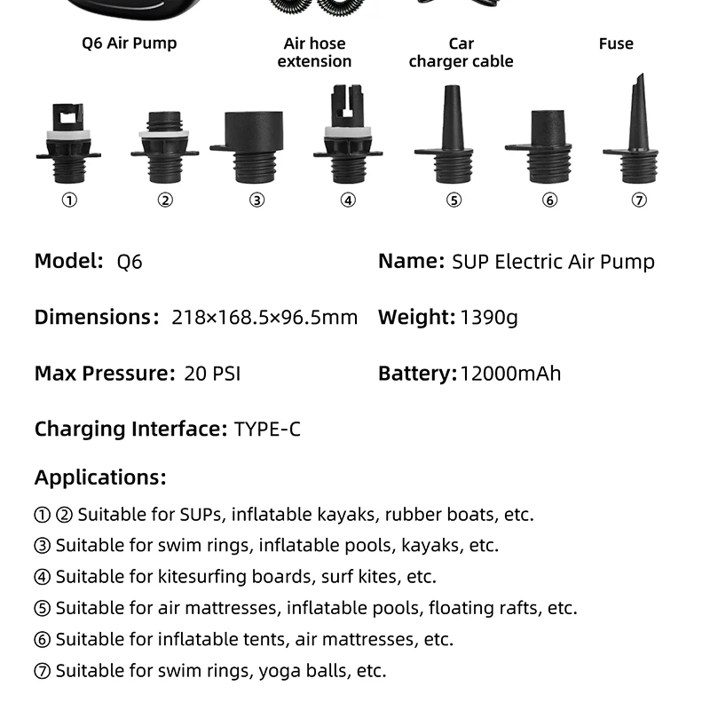 20PSI SUP-Pumpe Stand-Up Paddle 12000mAh Hochleistungs-Luftpumpe für aufblasbare PVC-Boote, Kajaks, Surferzubehör, Kite-Matratzen, Zeltmatratzen – Detail 28