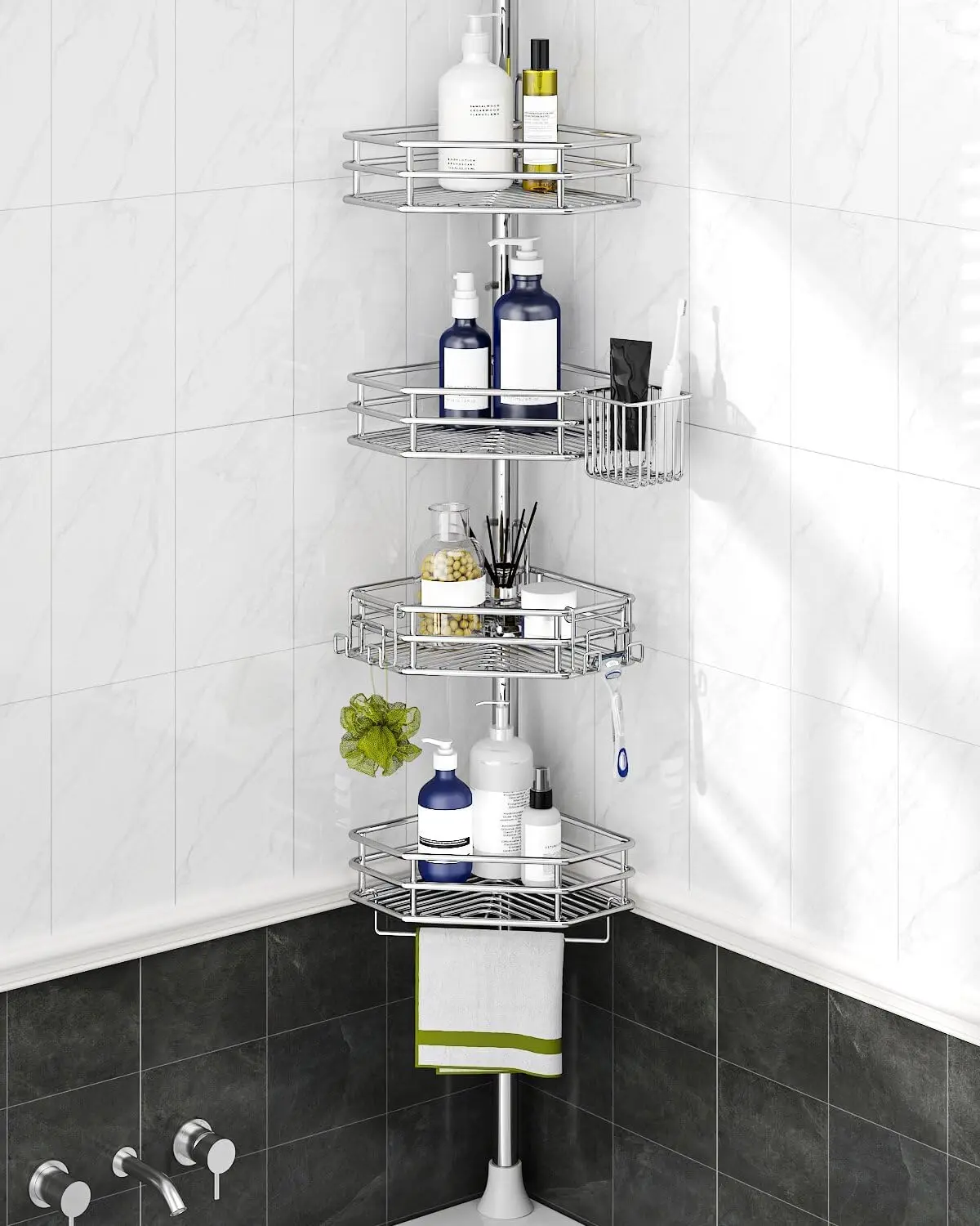 

Adjustable Tension Pole Shower Caddy, Rust-Free 4-Tier Corner Shelf with Towel Bar, Fits 34-116 Inch Height, Silver