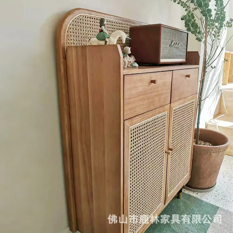 

Solid wood dining side cabinet rattan entrance cabinet Nordic living room storage bucket cabinet Homestay simple modern