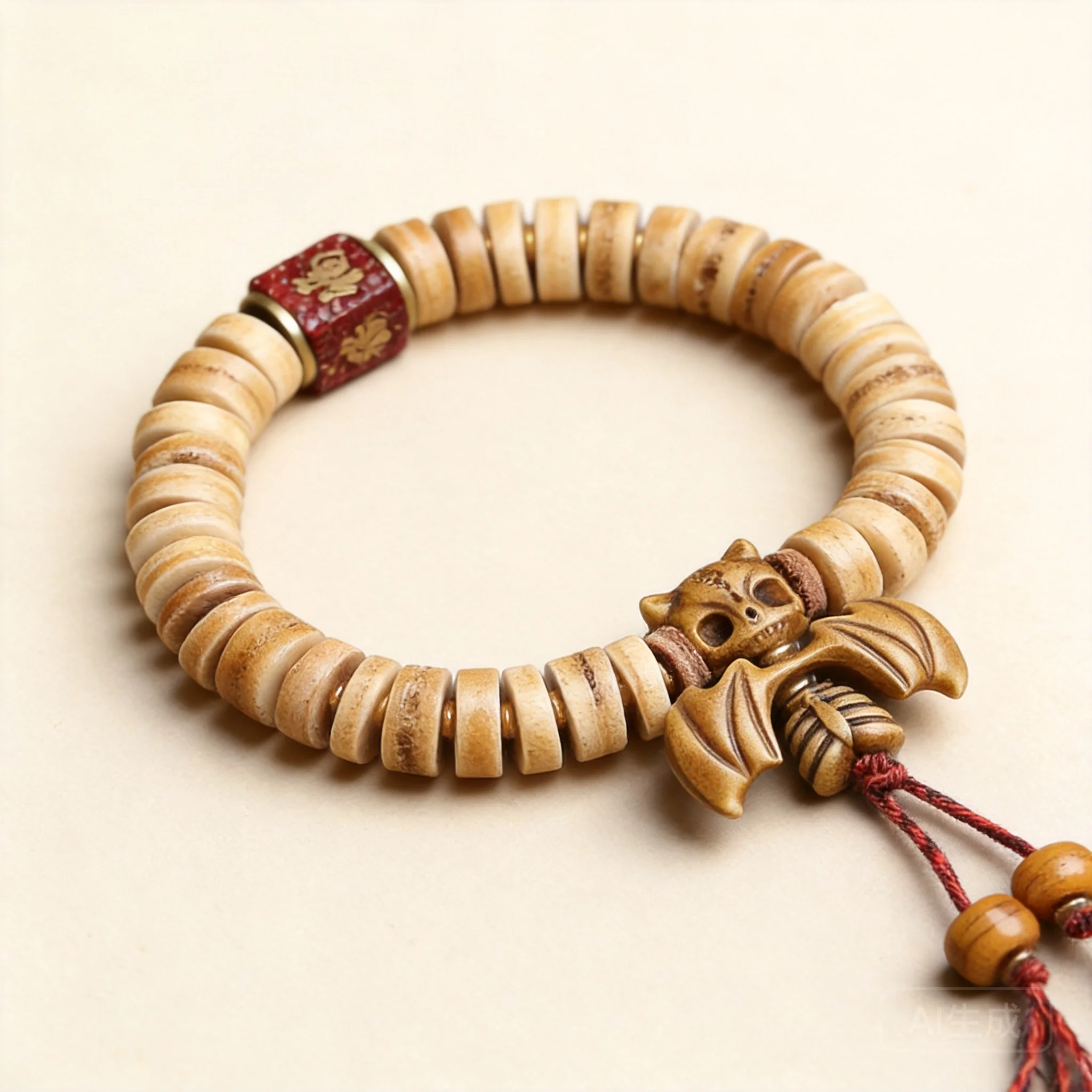 Chinese Style Tibetan Yak Bone Barrel Bead Bracelet Hand Carved Bat Pendant Lucky Blessing Wealth Attracting Prayer Beads For