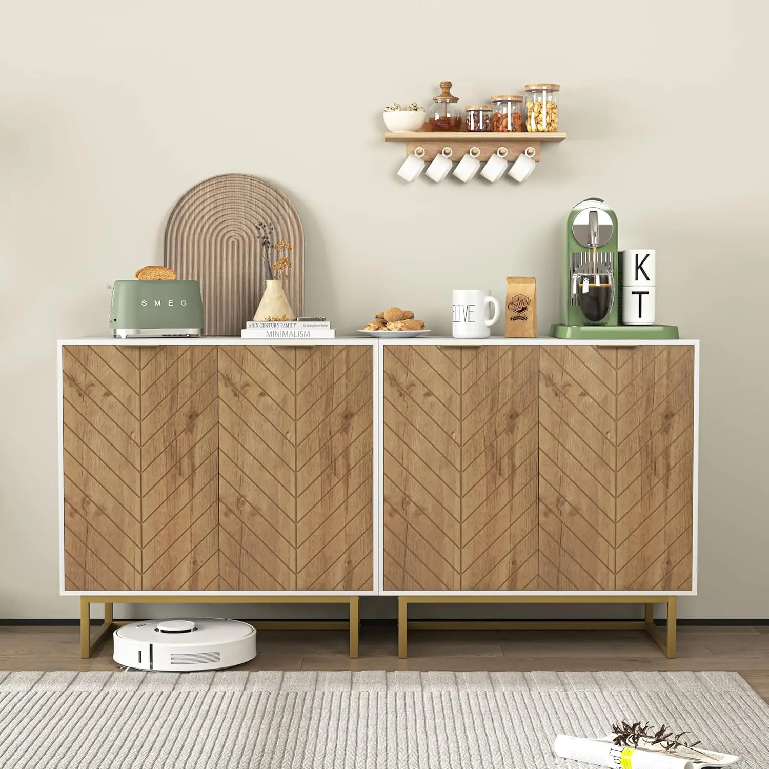 Set Of 2 Storage Cabinets With Doors, White Sideboard Buffet Cabinet, Kitchen Cabinet With Storage, Free Standing Coffee Bar,