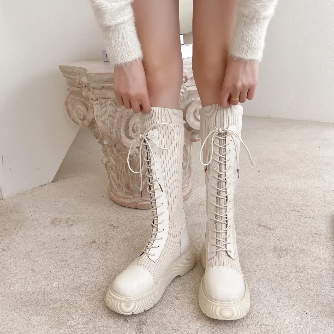 Autumn Winter Boots for Women Knee High  Boot Lace Up Style New Thick Soled Sponge Cake Knight  Boots  Women Shoes Beige