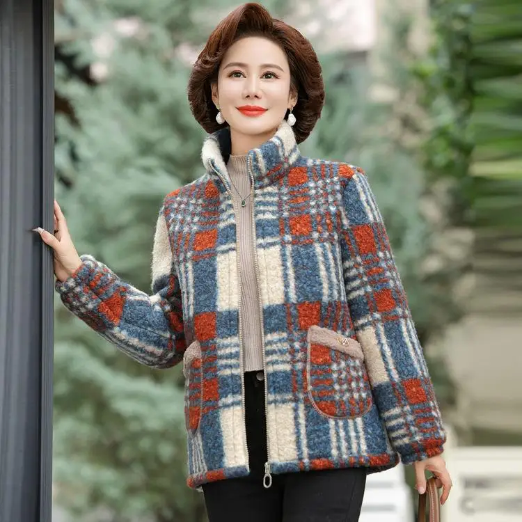Faionable Fce Lined Thi Warm Women's Coat Winter 2025 New Loose Lazy Plaid Trendy Mom Clothes Cotton Outerwear
